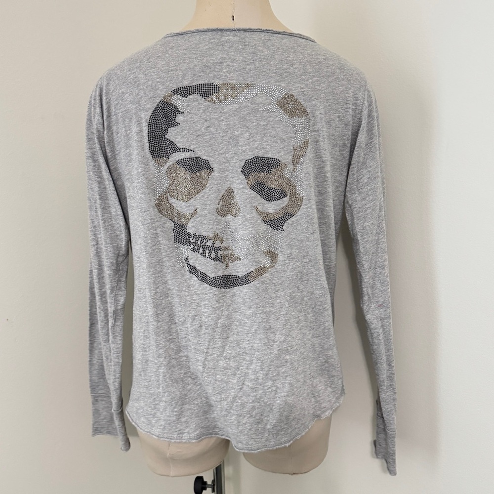 Zadig & Voltaire Small Gray Skull Long Sleeve Henley Top Tee ~ Rhinestone Rock